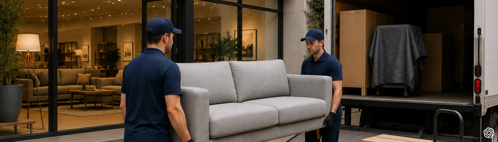 Professional movers carrying a wrapped sofa through a protected doorway during Furniture Store Deliveries, using floor covers and padding to prevent damage to walls, floors and door frames.