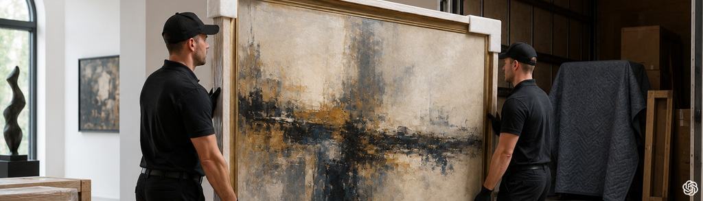 Professional movers providing specialist item handling by carefully lifting and protecting a large framed artwork with secure packing materials before safe transport to a new property.